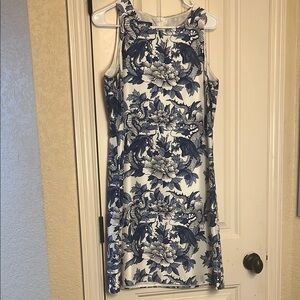 Lauren Ralph Lauren 100% Silk Floral Blue and White Sleeveless Dress
